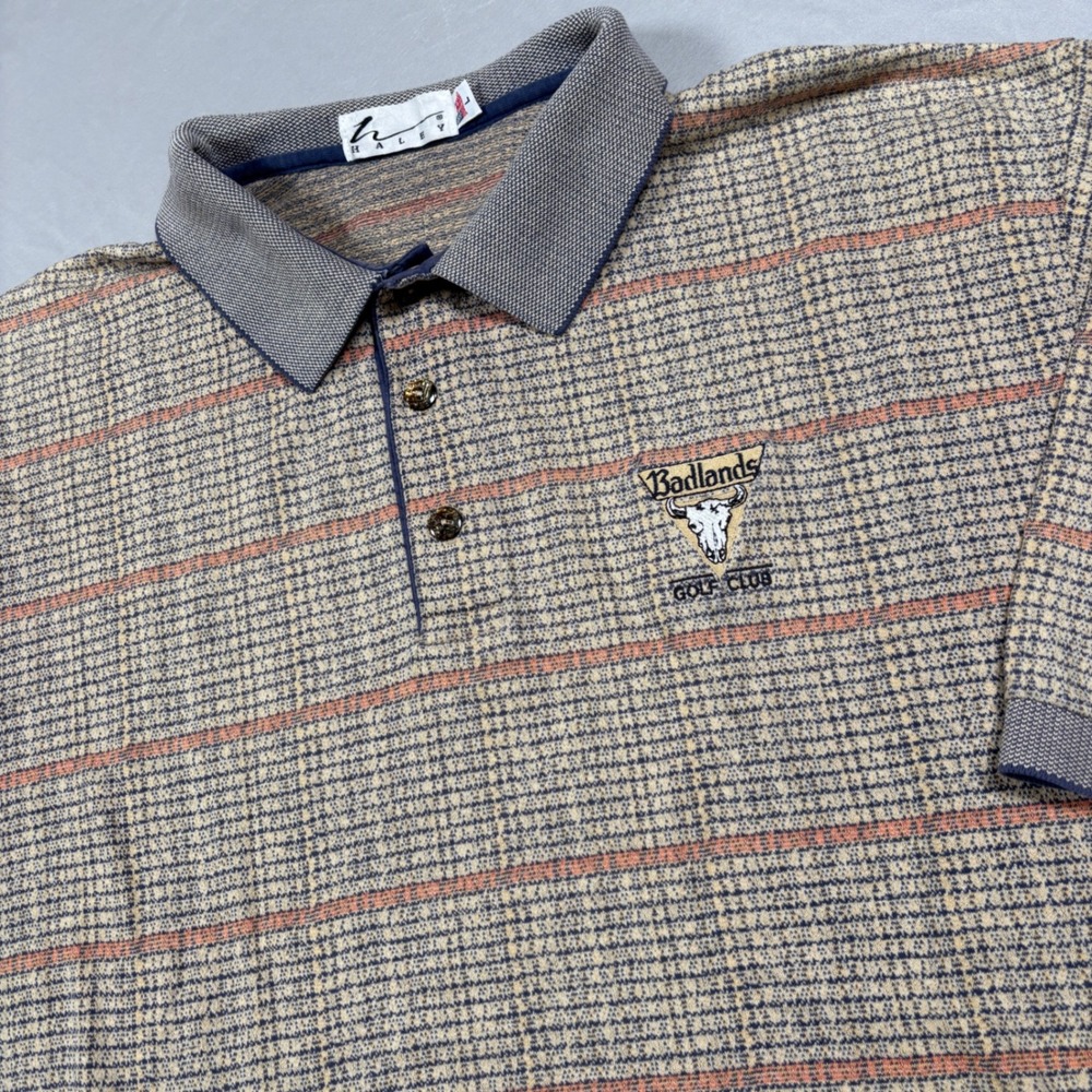 Haley Polo Shirt Mens Large Tan Badlands Golf Club Steer Skull Textured Stripe
